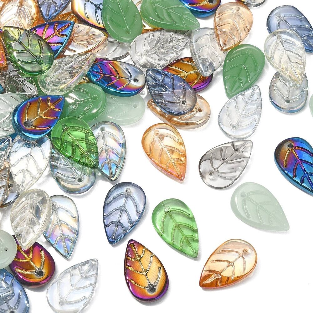 6051 100pcs Random Glass Leaf Charms - Colorful Leaf Shape Lampwork Charm